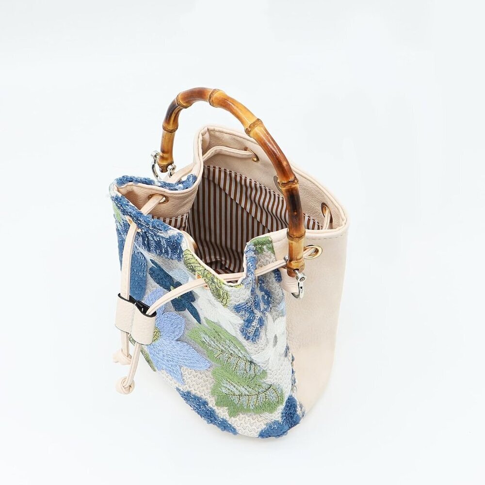 Women Crossbody Bag Straw Tote with Bamboo Handle Beach Vacation Fashion - Picture 4 of 5